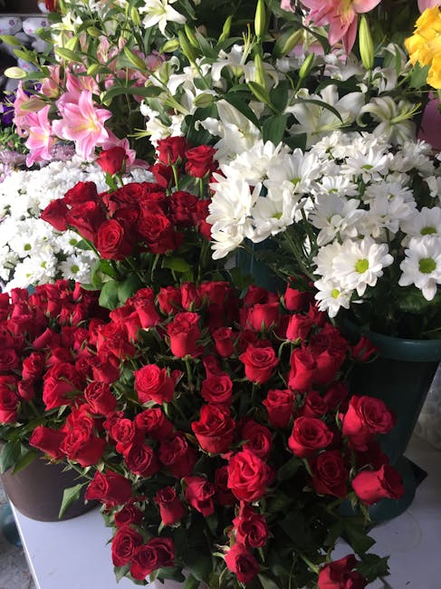 A vibrant display of fresh flowers featuring multiple bouquets and arrangements. Prominently, there are large clusters of deep red roses with tightly packed petals, displaying a rich, velvety texture.