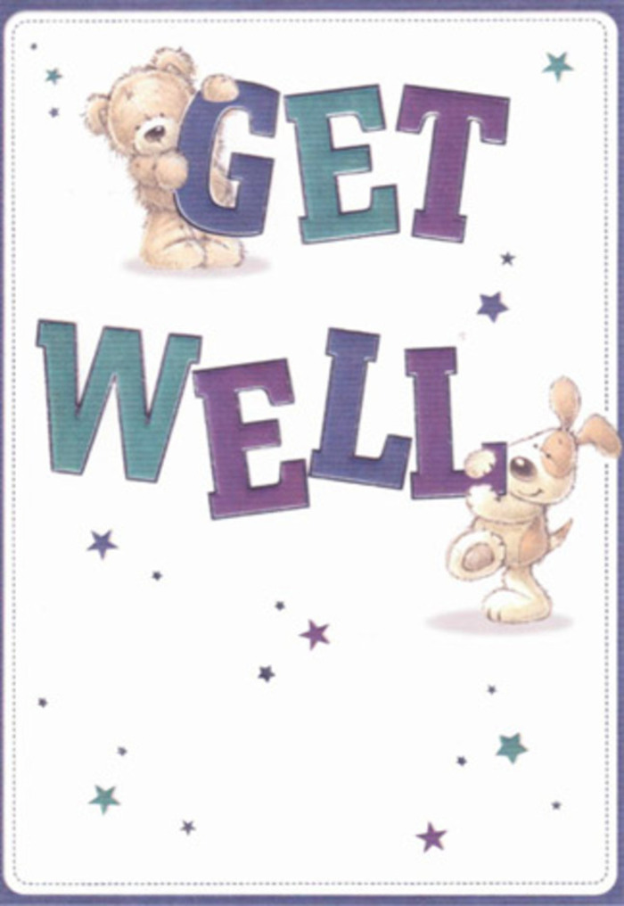 This card overflows with the gentle encouragement so cherished by families and friends throughout New Malden-a perfect reflection of the neighbourhood's supportive spirit. At its heart are two hand-painted friends: a sweet, welcoming bear and a spirited puppy, captured in lively poses as they balance and cradle oversized letters spelling out 'Get Well.' The typography glows with saturated purples and teals, their playful shapes echoing the joyful chaos of children at play on Blagdon Road. Scattered around them, sapphire and amethyst-toned stars seem to dance, casting little bursts of hope and brightness that shimmer like dew in the morning gardens that dot Windsor Avenue. There's a near-tangible softness in the illustration: you can almost feel the gentle pressure of the bear's plushy fur and instantly imagine the supple softness of the puppy's ears, each detail deliberately placed to offer comfort and reassurance. The card's crisp, clean background further enhances this sense of calm, reminiscent of the restorative freshness of flowers artfully arranged by a New Malden florist, each stem carrying a silent wish for brighter tomorrows. Whether accompanied by a thoughtful bouquet or simply sent on its own, the card is a small celebration of kindness-its blend of innocence, artistry, and local charm combining to lift spirits and gently remind loved ones in New Malden that healing is always within reach when care is shared.