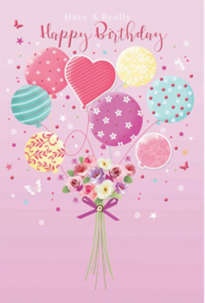 This enchanting birthday design looks as if it could have been inspired by a joyful garden party in one of New Malden's quiet residential streets near The Cut, where pastel balloons and flowers share the spotlight. A soft, blush-pink backdrop creates a warm, gentle atmosphere, against which a cluster of floating balloons appears to rise weightlessly. Each balloon has its own personality: some wear delicate stripes that curl like gift ribbon, others sparkle with tiny polka dots, and a few show more intricate florals and dreamy swirls. The colours are soothing yet celebratory-pale sunshine yellow, rosy fuchsia, sea green, and lavender-blending into one another in a soft, painterly way. Below this airy canopy, a hand-tied bouquet sits at the centre, as though it is the anchor that holds all this happiness together. Small roses and daisy-like blooms in creamy ivory and blush pink nestle with anemone-style flowers shaded in mauve and soft lilac. Their petals appear velvety and full, with subtle shading that suggests morning light catching each curve. A purple satin bow gathers the stems, its knot sparkling gently, like a thoughtful finishing touch from an experienced florist. Around the bouquet, dainty butterflies and tiny star motifs seem to hover, adding movement and a hint of magic. The whole composition radiates a sense of quiet jubilation-cheerful yet refined, playful yet carefully composed-much like a carefully arranged birthday delivery arriving at a New Malden doorstep, bringing with it a moment of pure delight and feeling of being truly celebrated.