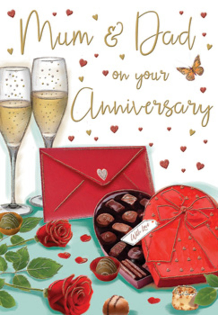 The anniversary card artwork presents a luxuriously detailed still life that seems to capture the essence of a heartfelt celebration for Mum and Dad in New Malden. Dominating the lower half of the design are two sumptuous red roses, placed slightly apart yet leaning toward each other, their velvety petals opening in layered spirals. Each petal is shaded with deep crimson and softer ruby tones, as if freshly arranged by a florist who understands how to choose only the fullest blooms. Around the roses, rich green foliage curls and fans out, adding texture and framing the central romance of the scene. Nestled nearby is an open heart-shaped box of chocolates, its edge outlined in soft highlights, with an extravagant red bow gathered at the top. Inside the box, individual chocolates sit in neat compartments, some dark, some milk, their rounded tops shining gently as though caught in lamplight during a quiet evening on a New Malden side street. A few pieces spill playfully onto the surface, evoking the idea of shared indulgence. Behind this arrangement stand two elegant champagne flutes, tall and slender, their transparent glass filled with golden bubbly that glows like late-afternoon sunshine over Beverley Brook. The bubbles are frozen mid-rise, creating a sense of anticipation, as if a toast is just about to be made. All around, small golden and red hearts float across a warm background, directing the eye toward the hand-lettered message dedicated to "Mum & Dad." A scarlet envelope rests at the edge of the composition, sealed and slightly angled, promising tender words within. The entire illustration blends richness and warmth, suggesting a lovingly prepared anniversary surprise, full of gratitude and the quiet joy of a long, shared life.