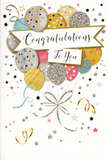 This image features a beautifully illustrated congratulations card that captures the feeling of a small, sparkling celebration, much like the joy of receiving a surprise delivery in New Malden after sharing good news. At its heart is a bouquet-like cluster of balloons rendered in soft metallic hues: muted golds and silvers sit alongside champagne, sky blue, blush pink and hints of gentle grey, all layered so that some balloons seem closer while others softly recede into the background. Each balloon is individually adorned with tiny stars, shimmering dots and delicate stripes, giving them a textured, almost tactile quality, as if they had been dusted with fine glitter that would catch the light near a window overlooking New Malden Green. Their slender ribbons, drawn in graceful gold and silver lines, trail gently downwards and cross over one another, evoking the elegant twist of ribbon a florist might use when finishing a special bouquet. Floating across the centre is a classic curved banner bearing the words "Congratulations To You" in refined, flowing calligraphy, making the message feel heartfelt and sincere. Surrounding the balloons and banner, small metallic stars, circular confetti-like dots and playful swirling lines are scattered over a soft, pale background, echoing the carefree energy of streamers and confetti lingering after a party on a quiet residential street near Motspur Park. Even without any floral imagery, the composition carries the same warm, uplifting spirit as a hand-delivered arrangement: light, sparkling and full of pride, perfect for celebrating life's milestones when you want the recipient to feel truly special.