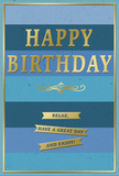 This stylish birthday card combines a serene palette of blues with polished golden accents to create an image of calm celebration, much like a leisurely birthday brunch in New Malden. The card is shown standing upright, its front divided into generous horizontal stripes of colour that flow from deep navy through velvety teal and ocean blue, finishing in a softer, lighter blue near the top. Each stripe has crisp edges yet feels connected, forming a soothing visual rhythm reminiscent of layered skies or reflections on water along the Hogsmill River. Dominating the centre, the greeting "HAPPY BIRTHDAY" appears in embossed, metallic gold capital letters. The font is bold without being heavy, and the gold foil has a warm, brushed sheen that glints gently as if catching daylight from a nearby window. Directly beneath this main text lies a single decorative flourish in matching gold, a delicate, curling motif that adds a hint of old-fashioned charm. Lower down, three slender gold ribbons are stacked neatly, each inscribed with part of the message: "Relax, have a great day and enjoy!" The words are set in simple, approachable type, emphasizing ease and enjoyment. A thin gold border traces the perimeter of the card, pulling all the elements together into one cohesive design. You can imagine this card paired with a fresh bouquet delivered locally, perhaps resting on a hall table ready to greet the birthday guest, radiating warmth, good wishes, and an invitation to slow down and truly enjoy their special day.